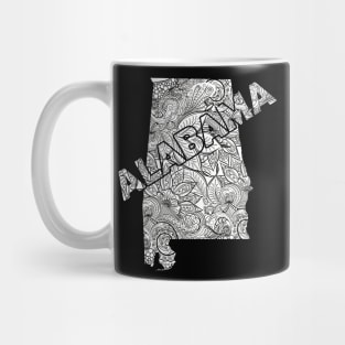 Mandala art map of Alabama with text in white Mug